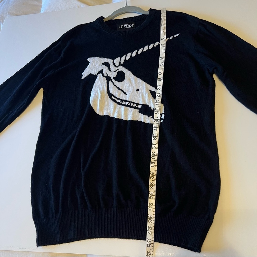 Rude Unicorn Skull Pullover Sweater, Black And Wh… - image 5